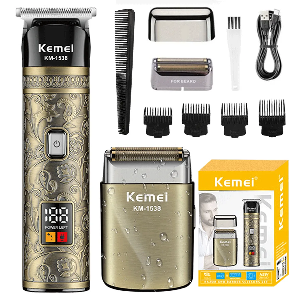 Kemei KM-1538 — Rasoir électrique ensemble de tondeuse à cheveux métal étanche Usb charge Rechargeable tête rasoir
