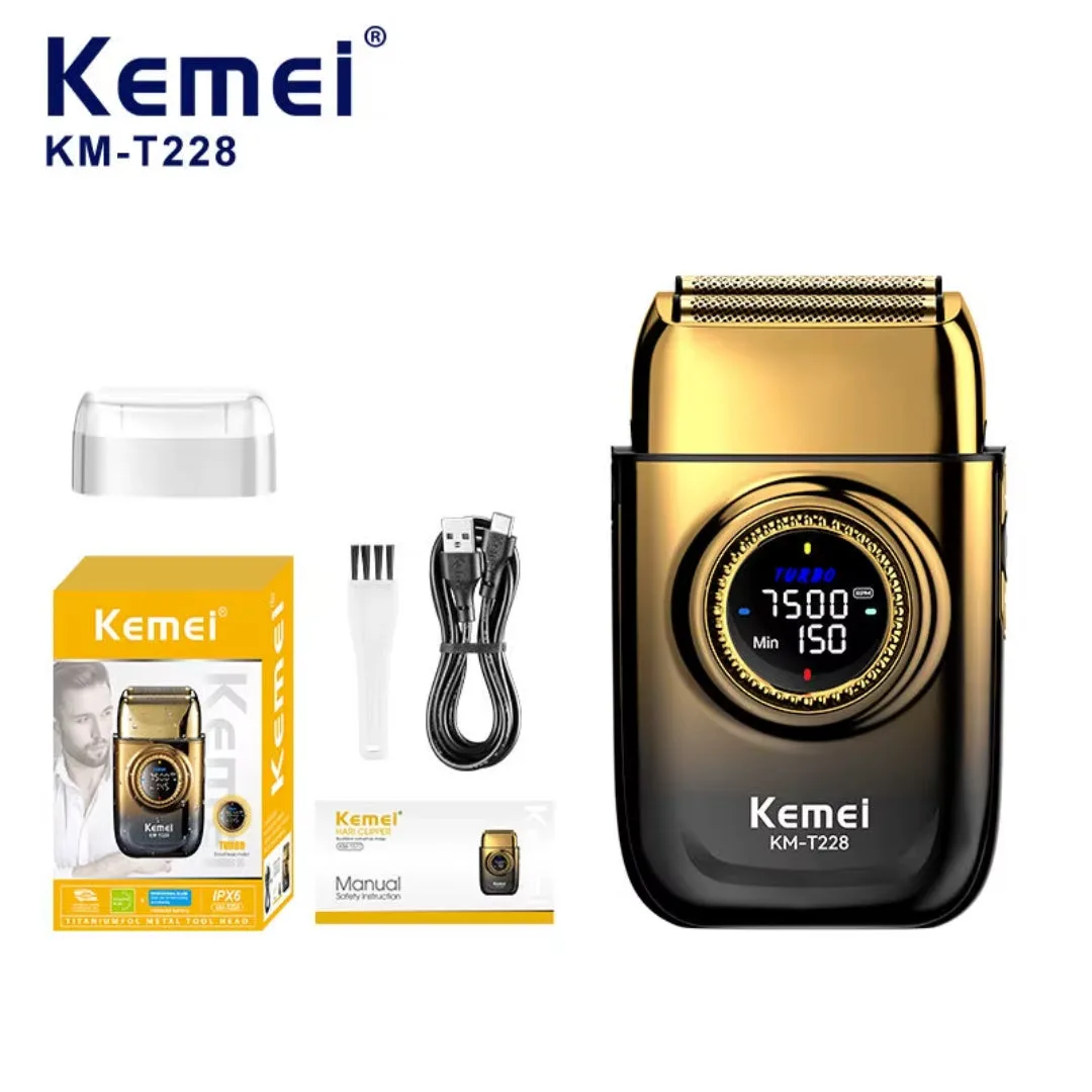 Kemei KM-T228 — Rasoir Electrique a grille pour homme sans fil rechargeable avec écran LED 3vitesses sec et humide