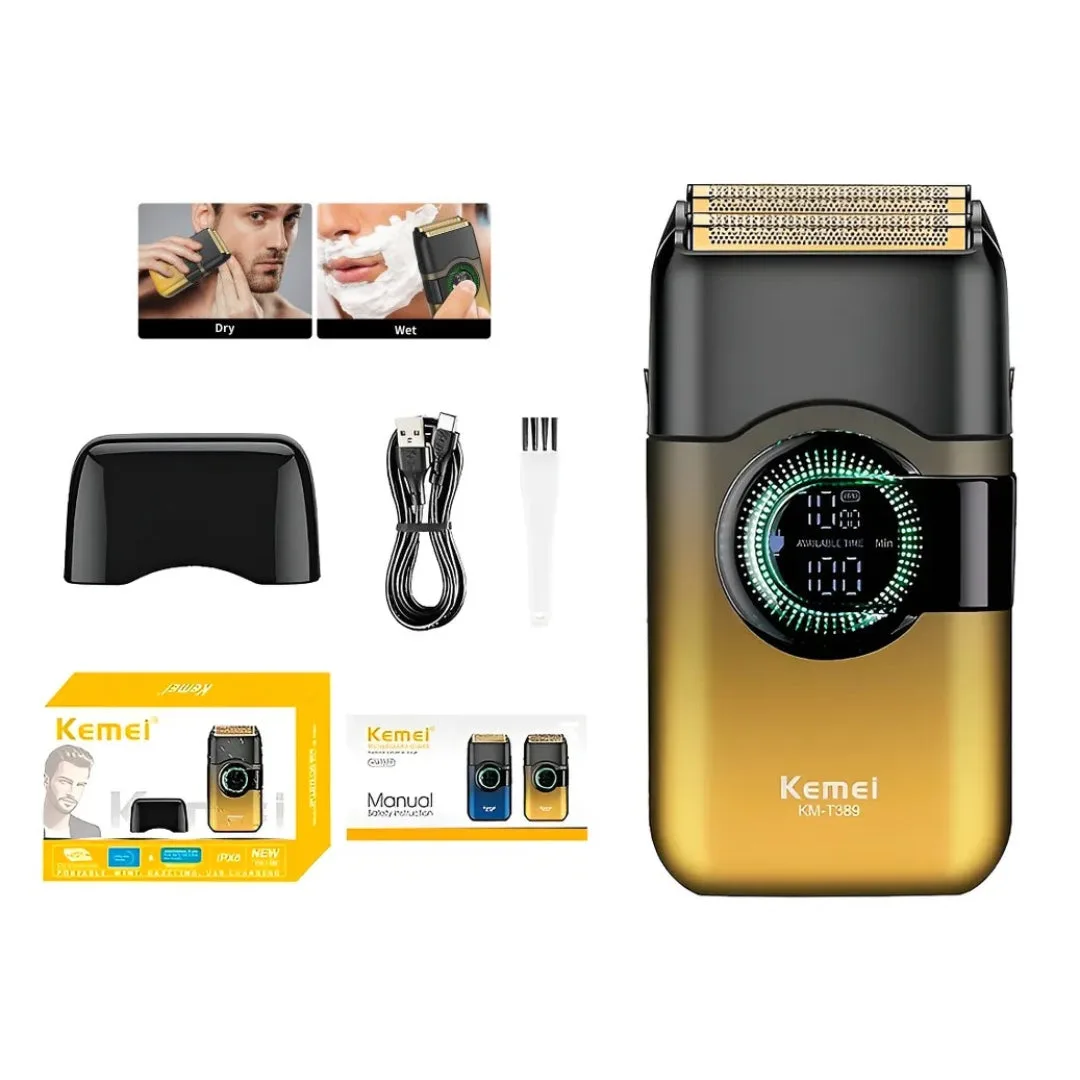 Kemei KM-T389 — Rasoir electrique a grille pour homme double lame flottante pour estomper peau et barbe rechargeable